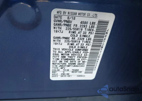 2018 Nissan Rogue Sl из США, поврежденный, VIN JN8AT2MT7JW492363